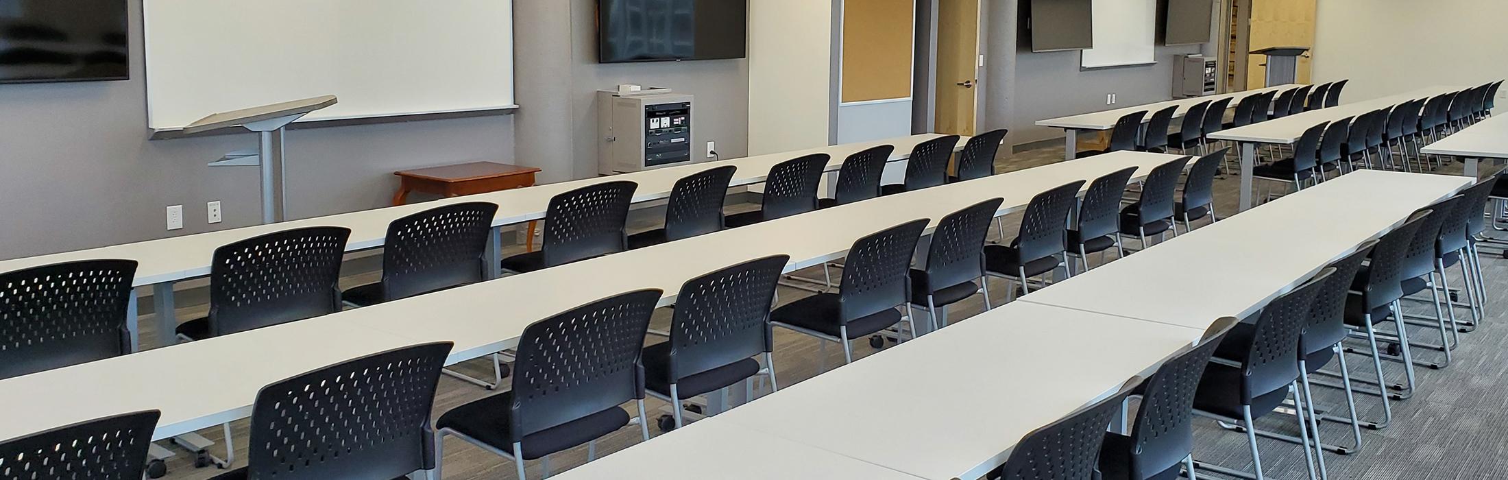 Rows of chairs in a classroom